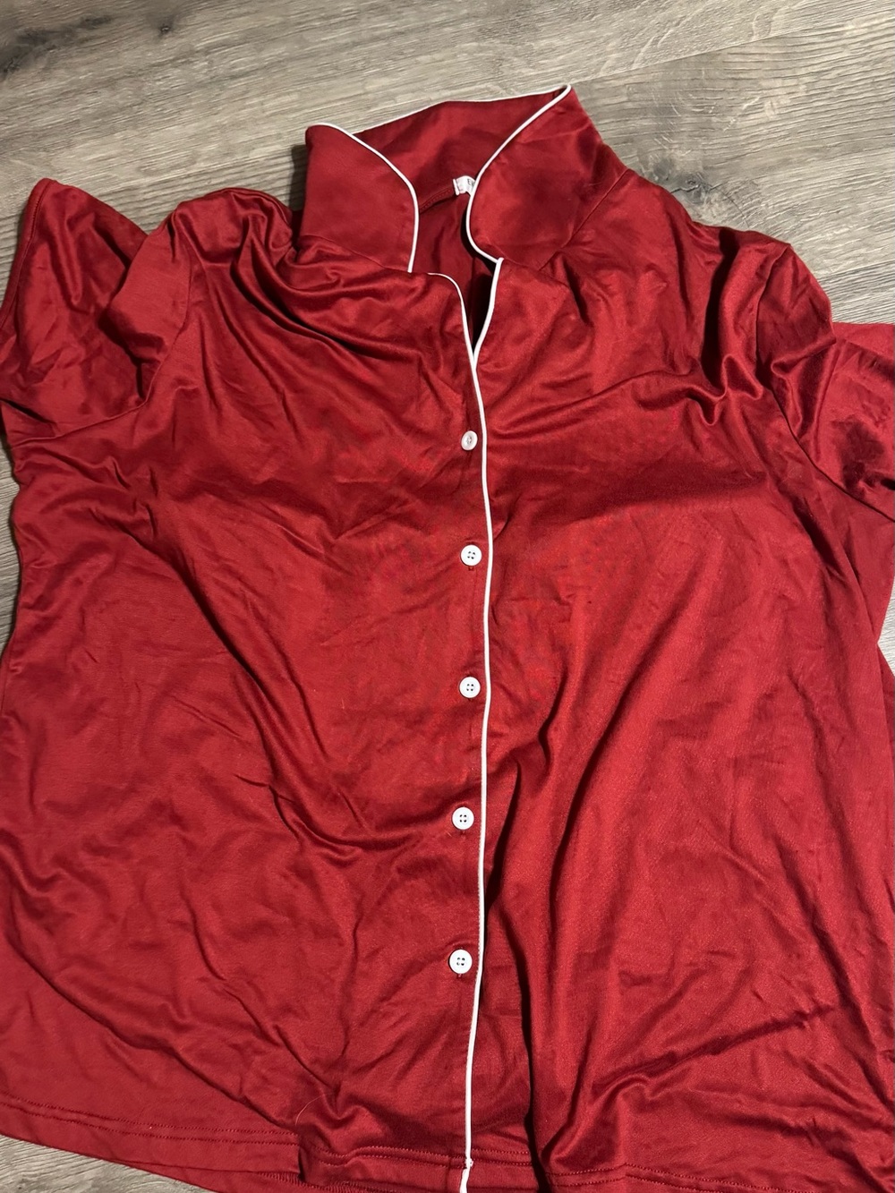 Amazon Women's Crimson Red Button-Front Pajama Top with White Piping